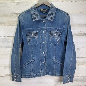 Christine Alexander Womens Blue Beaded Swarovski Crystal Snap Jean Jacket Size M